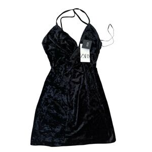 ZARA Black Crushed Velvet Halter Mini Dress SIZE XS 0 2 Backless Party Cocktail